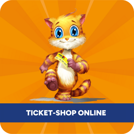 Meeps mit Ticket in der Pfote