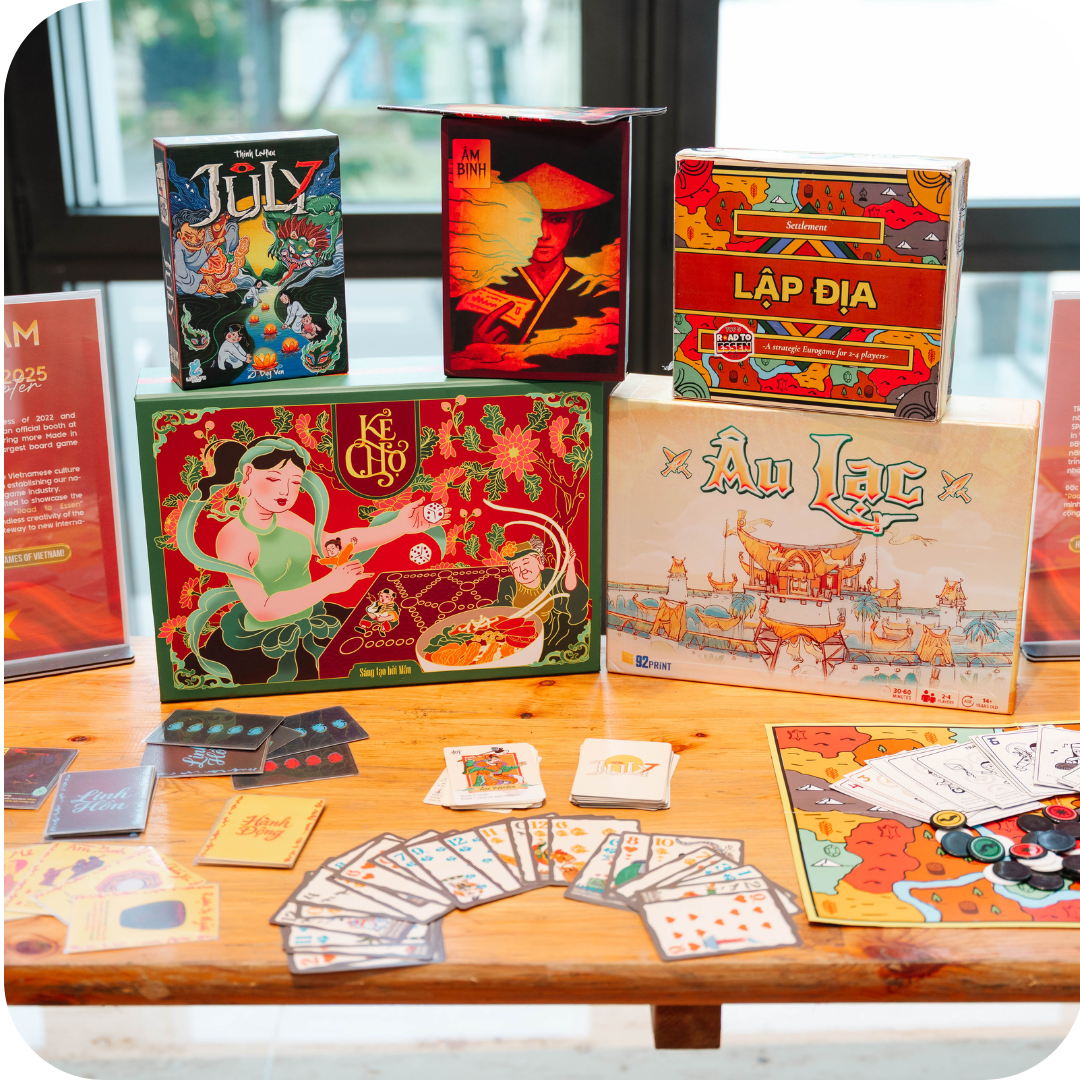 Some Vietnamese board games are stocked on a table